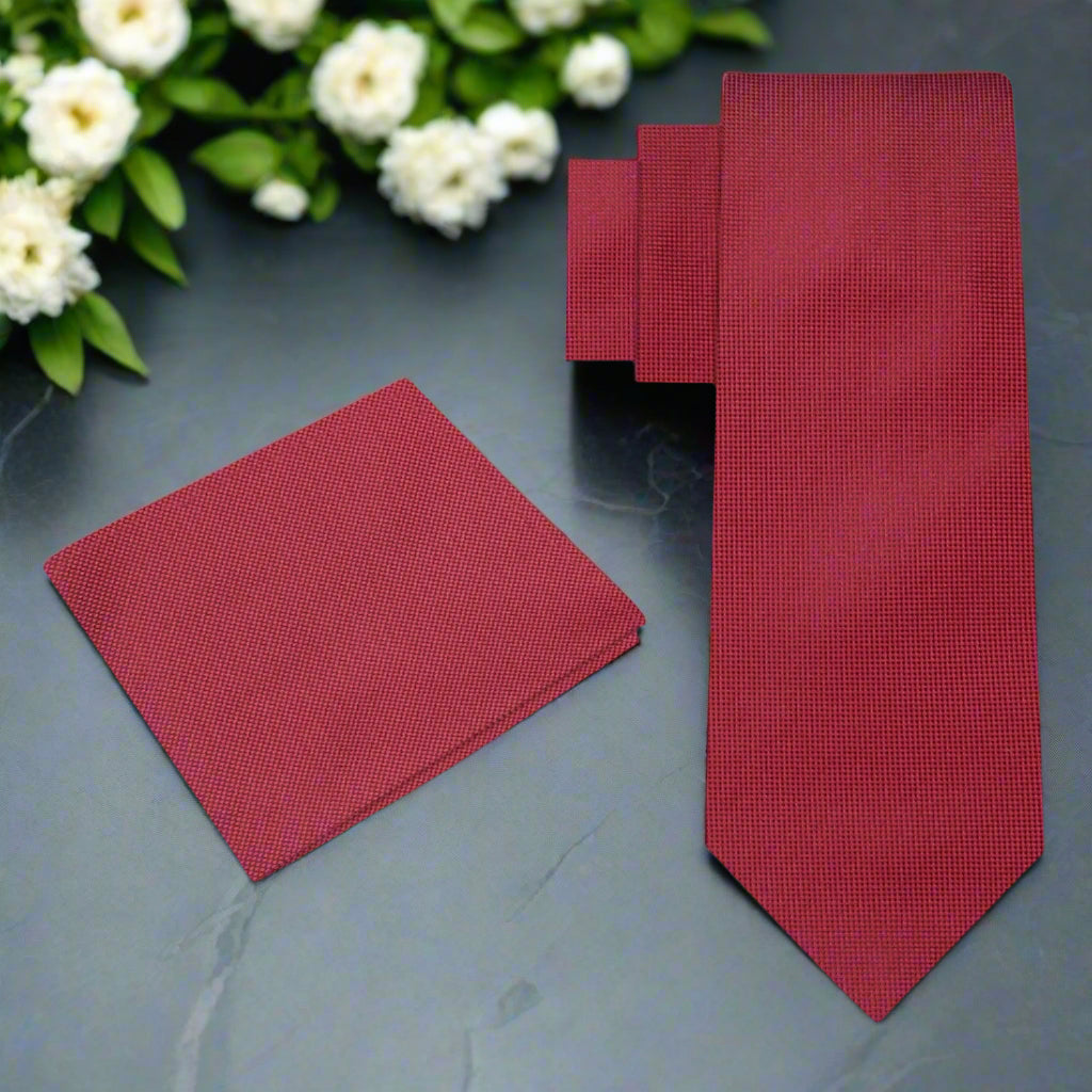Alt View:  A Deep Red Check Silk Necktie, Pocket Square