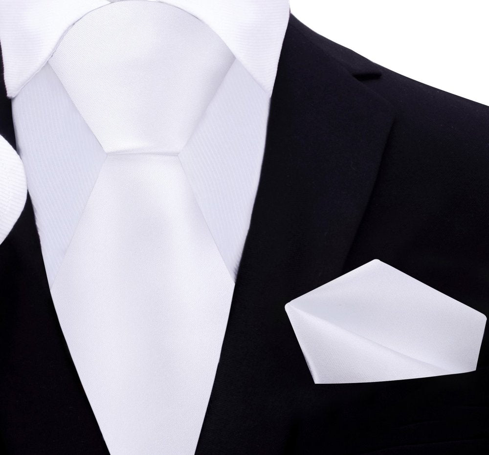 A Solid White Pattern Silk Necktie, Matching Pocket Square||White
