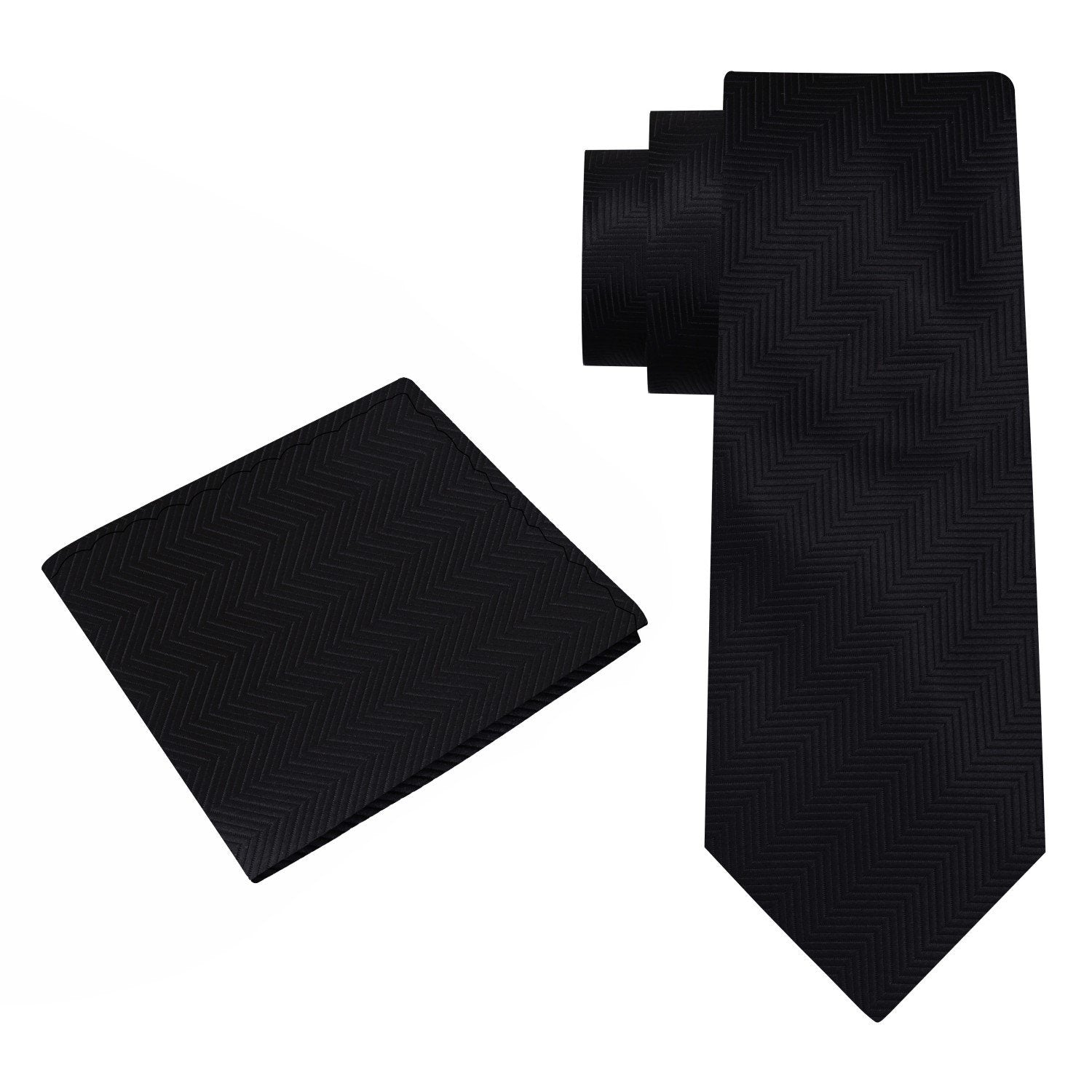 Alt View: A Solid Black Pattern Silk Necktie, Matching Pocket Square