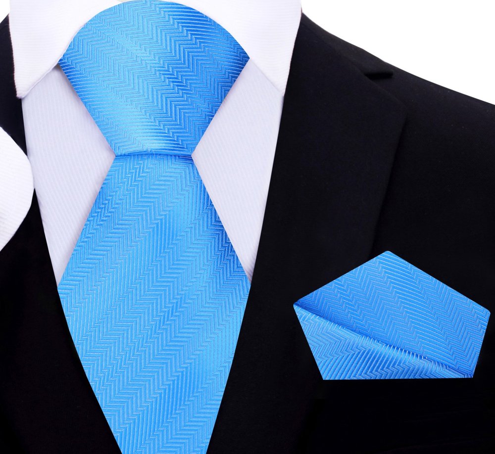 A Solid Sky Blue Pattern Silk Necktie, Matching Pocket Square||Sky Blue