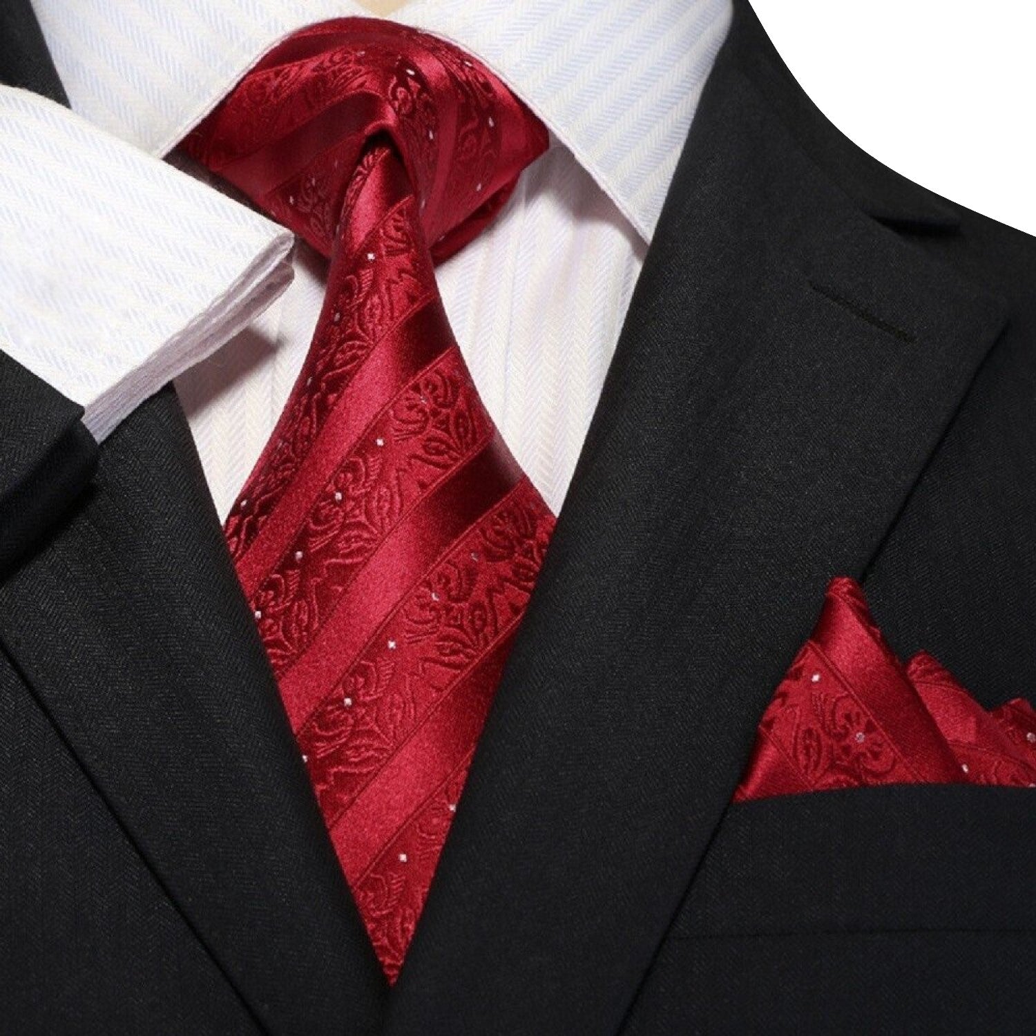 Sparkling Red Detailed Floral Tie and Pocket Square