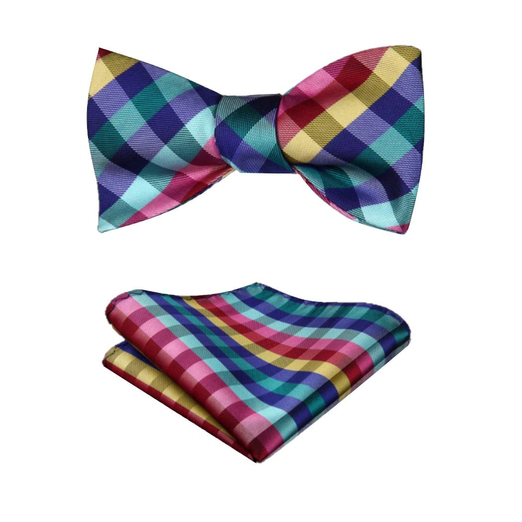 A Red, Blue, Yellow, Green Geometric Diamond Pattern Silk Self Tie Bow Tie, Matching Pocket Square