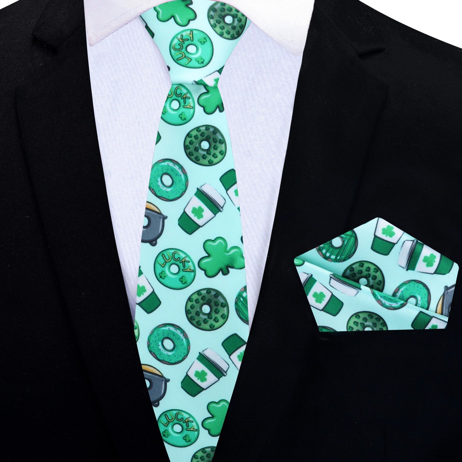 Thin Tie: Light Green, Green Coffee, Donuts and Clovers Tie and Square
