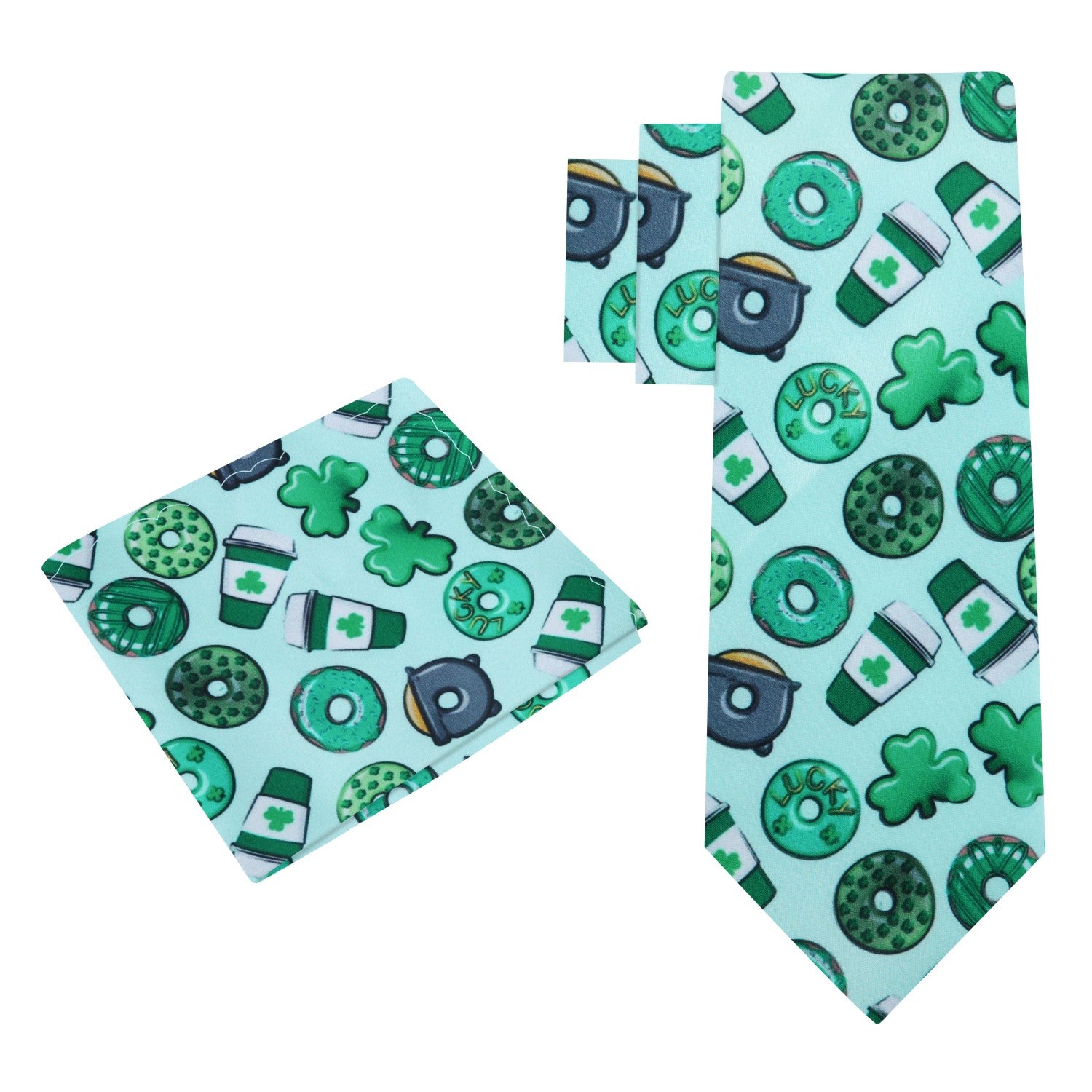 View 2: Light Green, Green Coffee, Donuts and Clovers Tie and Square