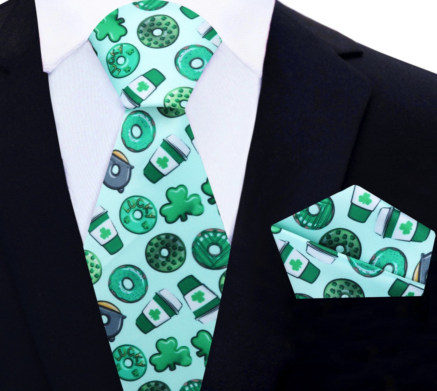 Alt View: Light Green, Green Coffee, Donuts and Clovers Tie and Square