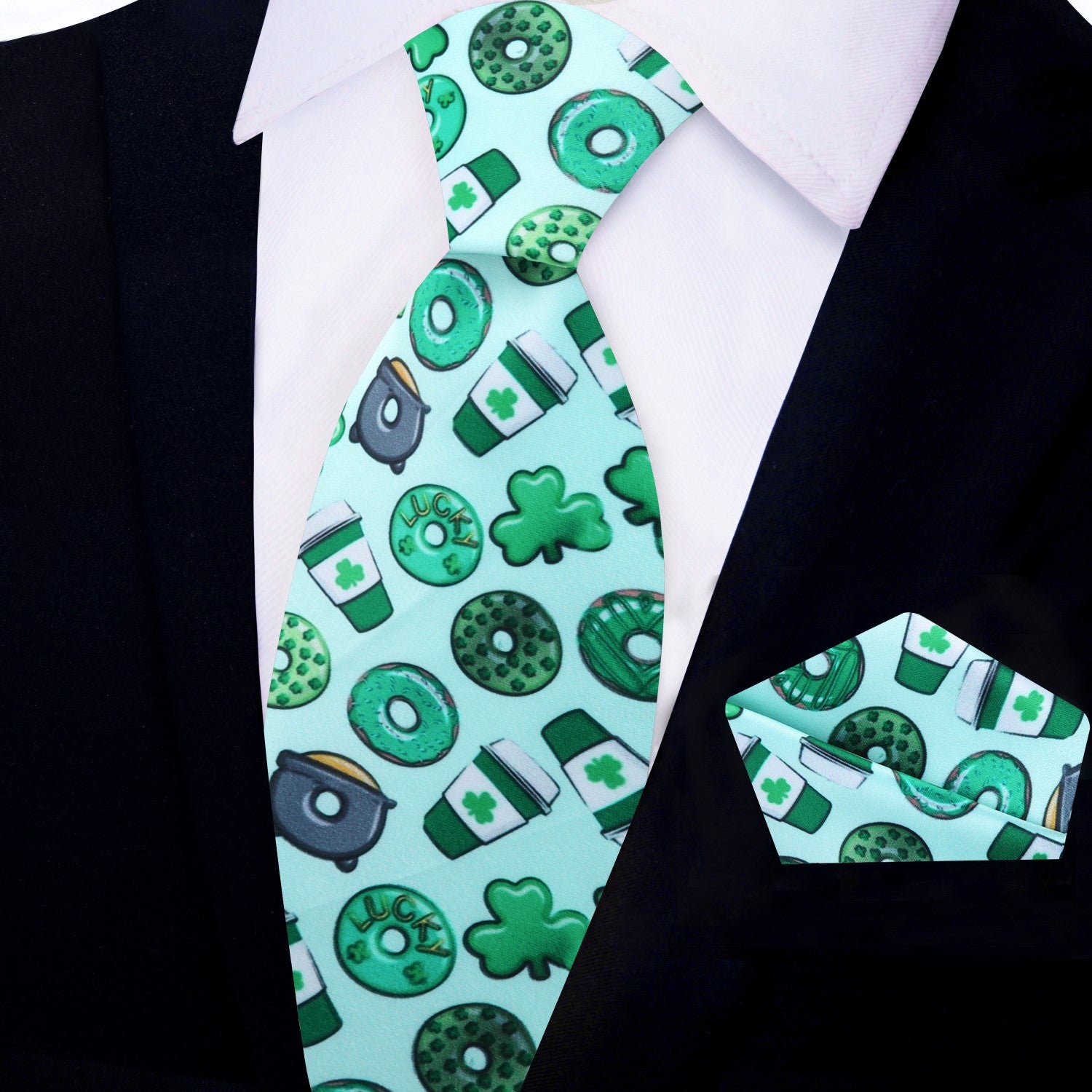 Main: Light Green, Green Coffee, Donuts and Clovers Tie and Square