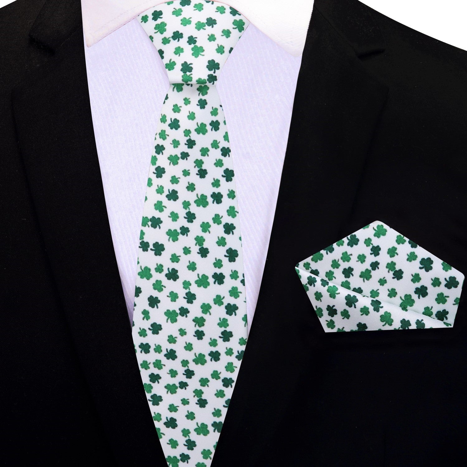 White and Green Four Leaf Clovers Thin Tie and Pocket Square