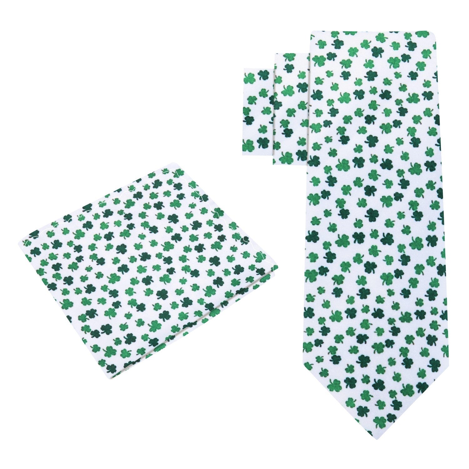 View 2: White and Green Four Leaf Clovers Tie and Pocket Square