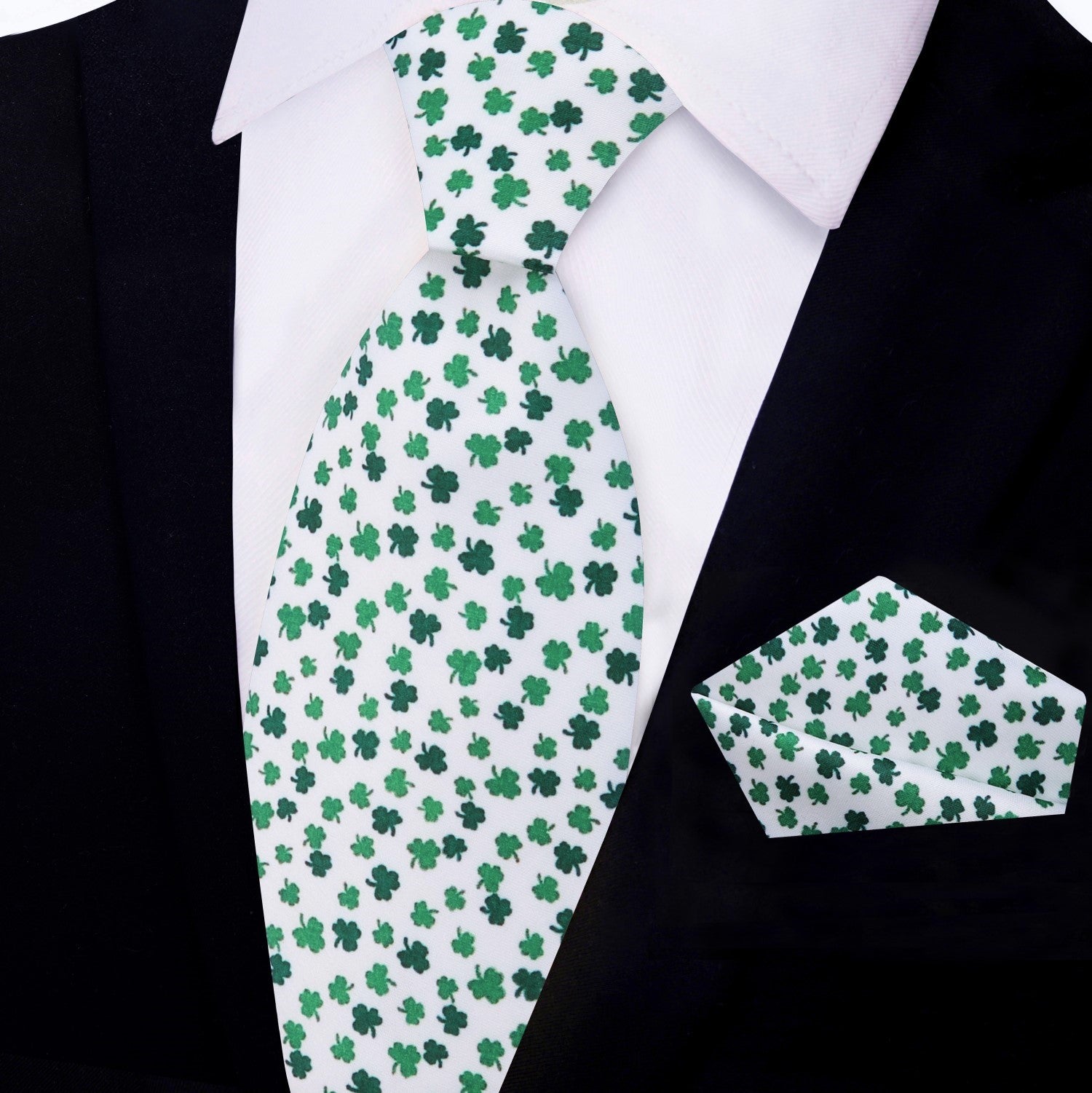 White and Green Four Leaf Clovers Tie and Pocket Square