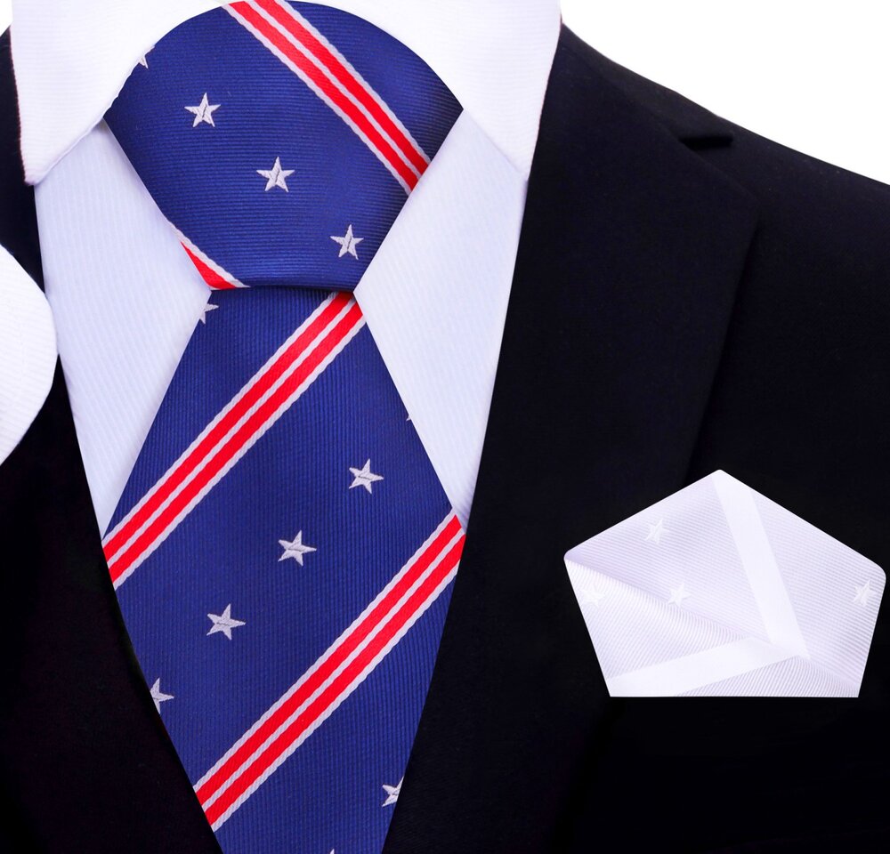 Blue, Red, White Stars and Stripes Tie and Pocket Square