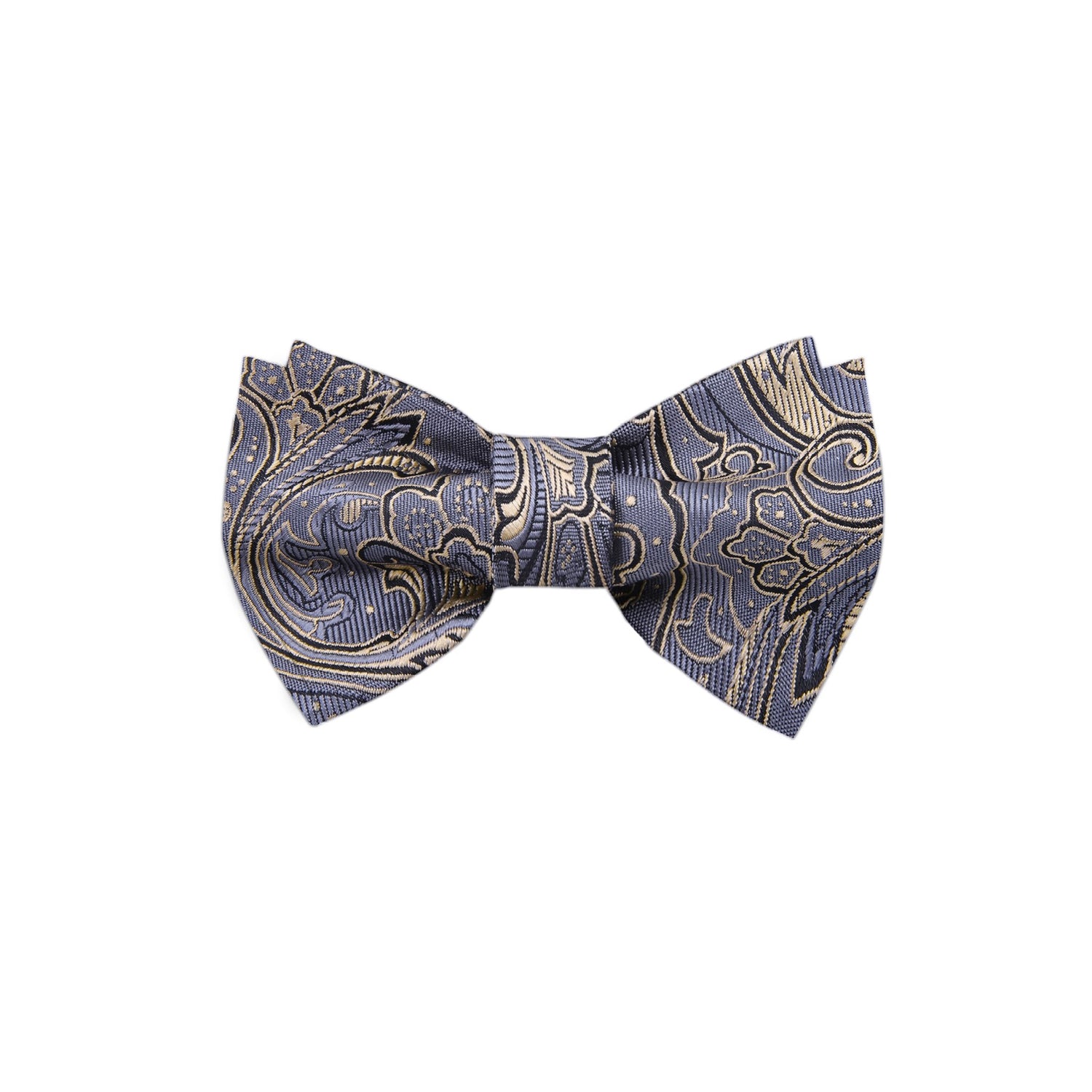 A Grey, Cream, Black Intricate Paisley Pattern Silk Self-Tie Bow Tie 