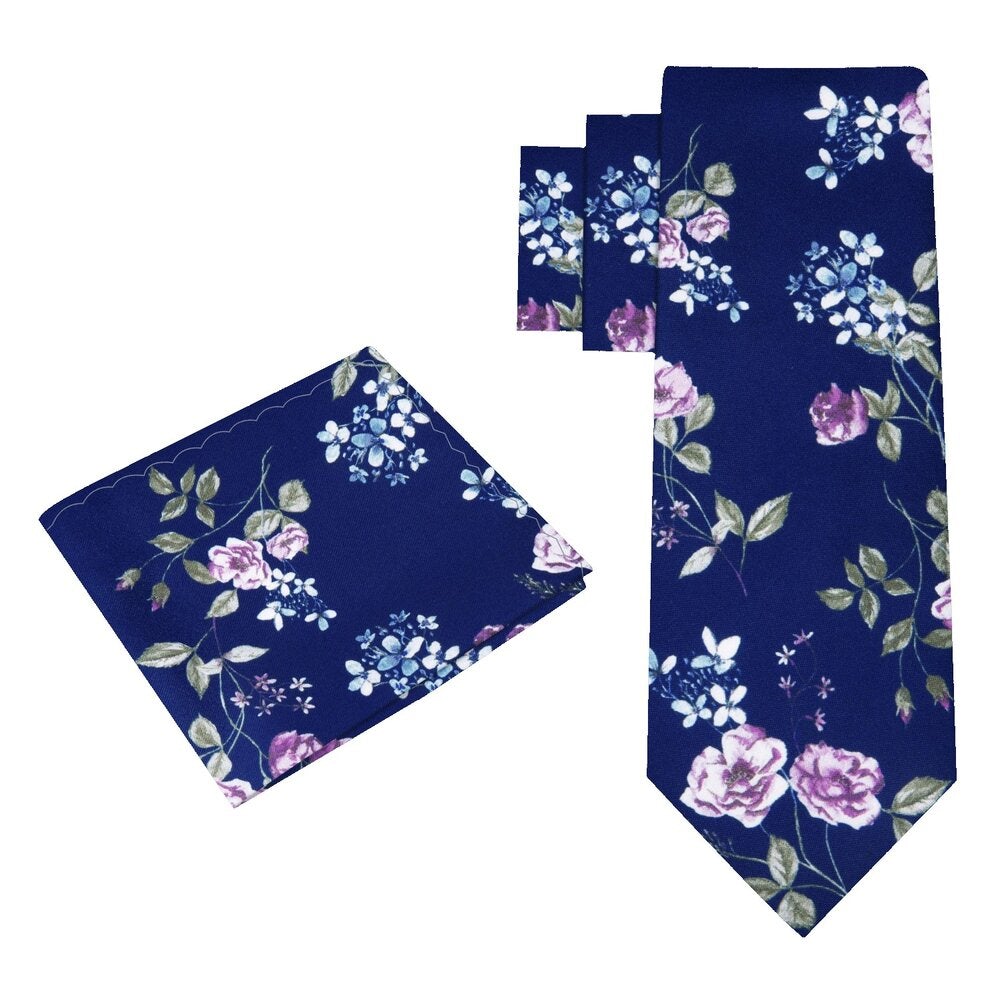 A Dark Blue, Green and Pink Floral Pattern Silk Necktie With Matching Pocket Square