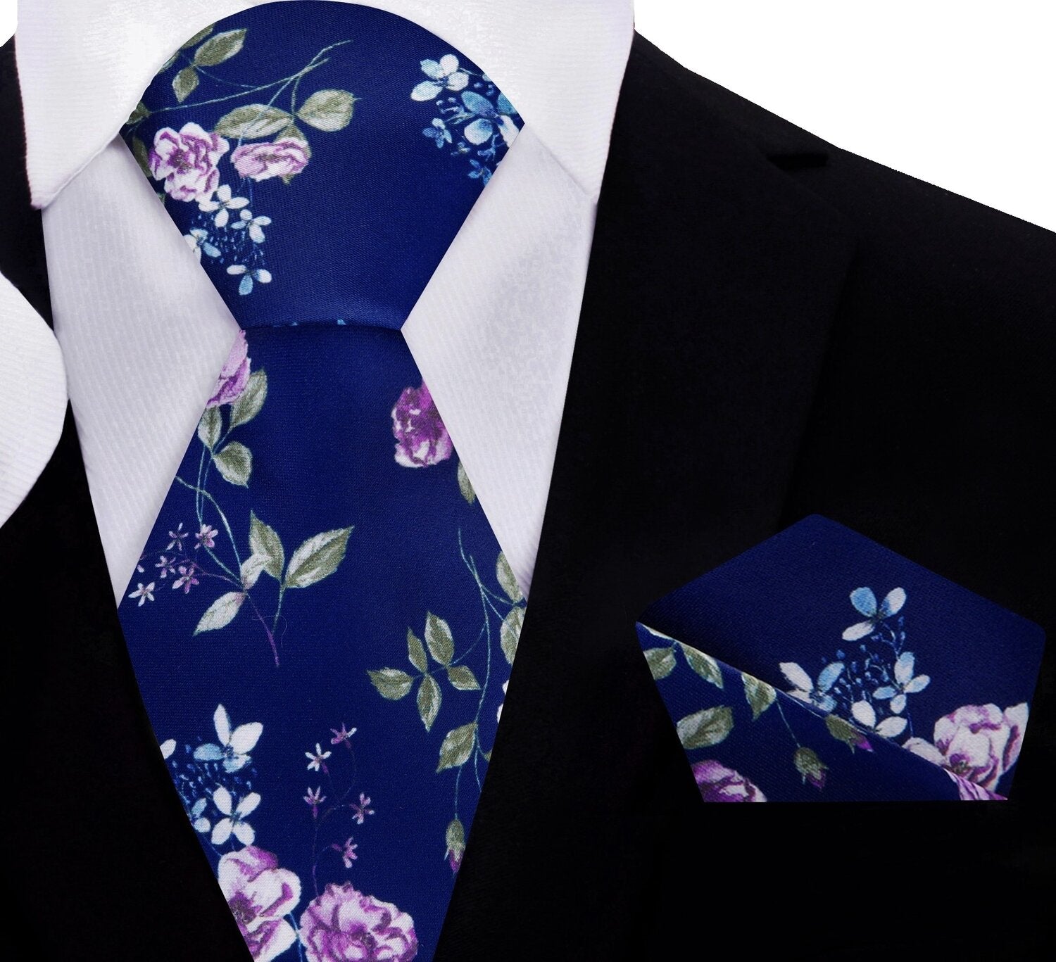 Main View: A Dark Blue, Green and Pink Floral Pattern Silk Necktie With Matching Pocket Square