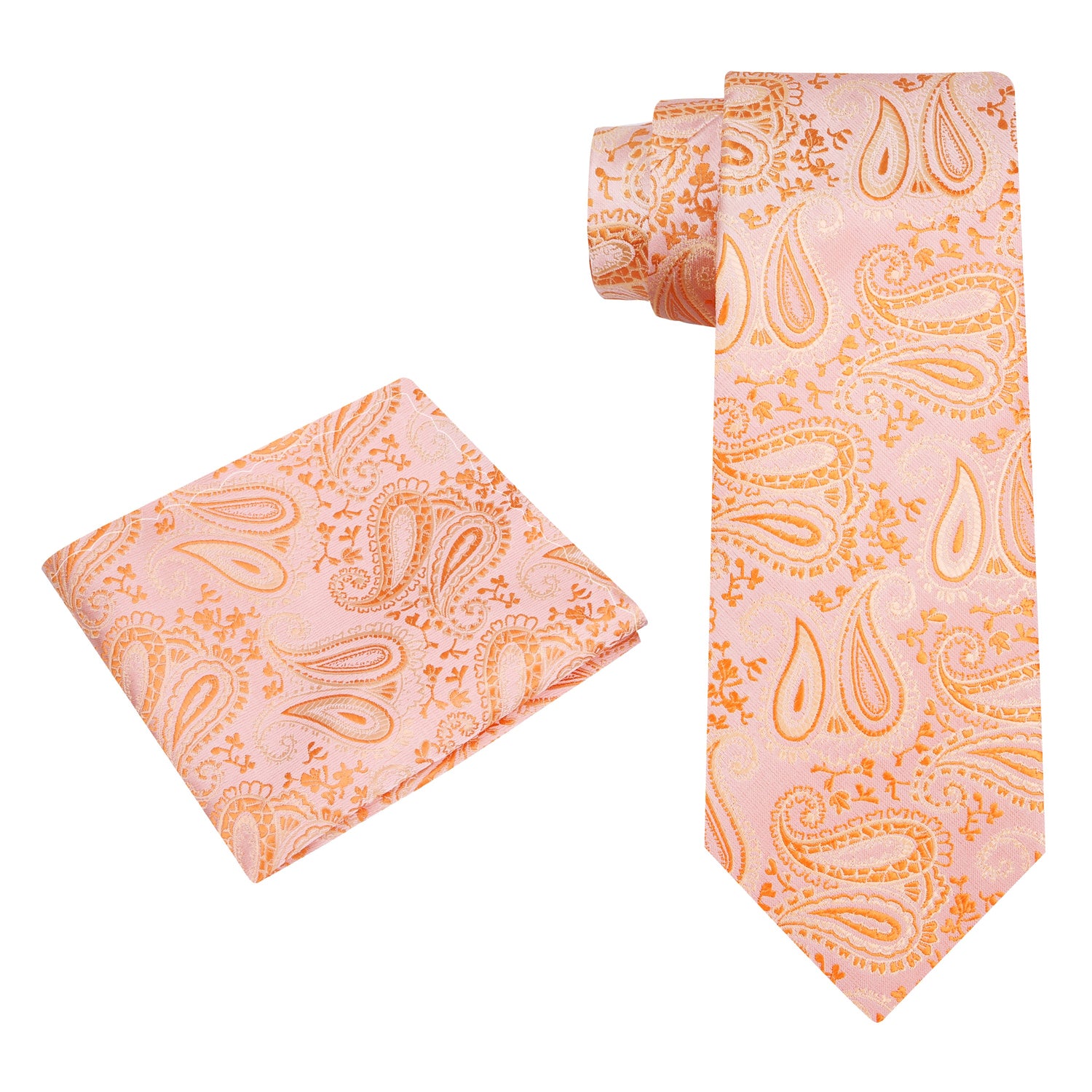 Alt View: A Cheerful Coral Paisley Pattern Silk Necktie, Matching Pocket Square