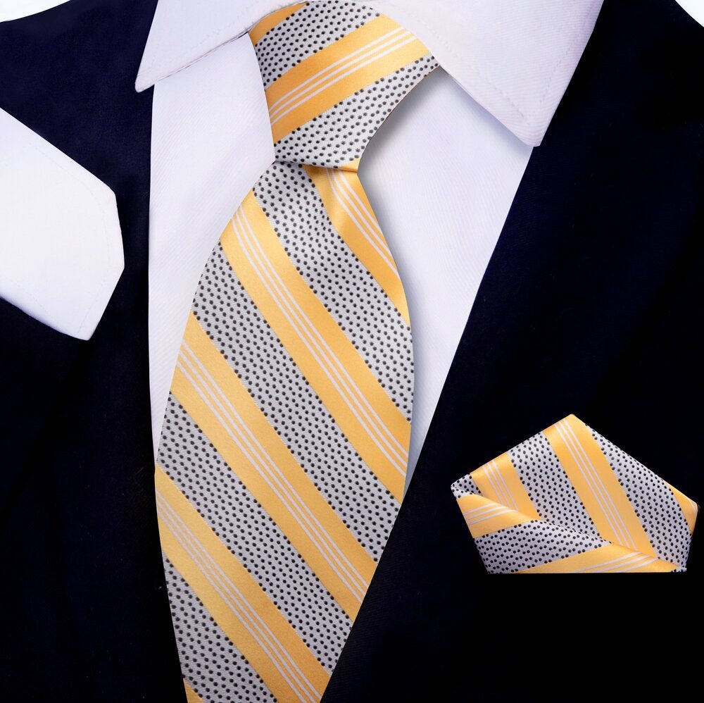 Yellow, Light Grey and Black Stripe with Dots Tie and Pocket Square
