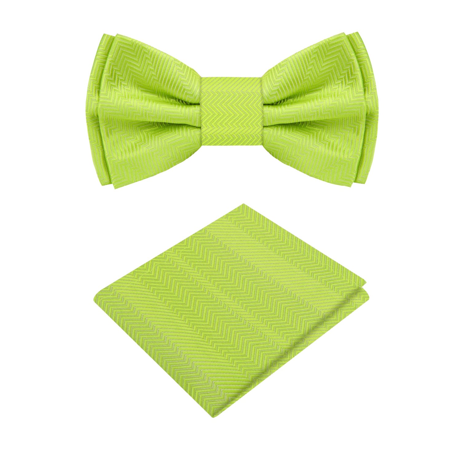 A Sweet Lime Green Pattern Silk Self Tie Bow Tie, Matching Pocket Square