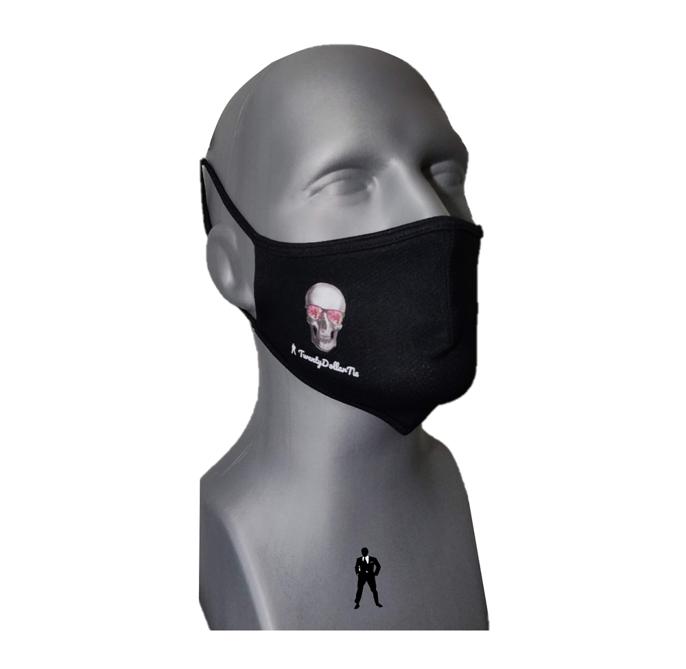 Black Mask with sketch of skull wearing sunglasses on mannequin