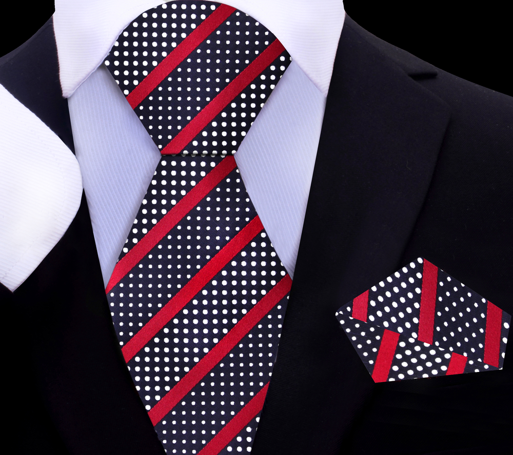 A Black Silk Background With Burgundy Stripes And White Dots Necktie With Matching Pocket Square