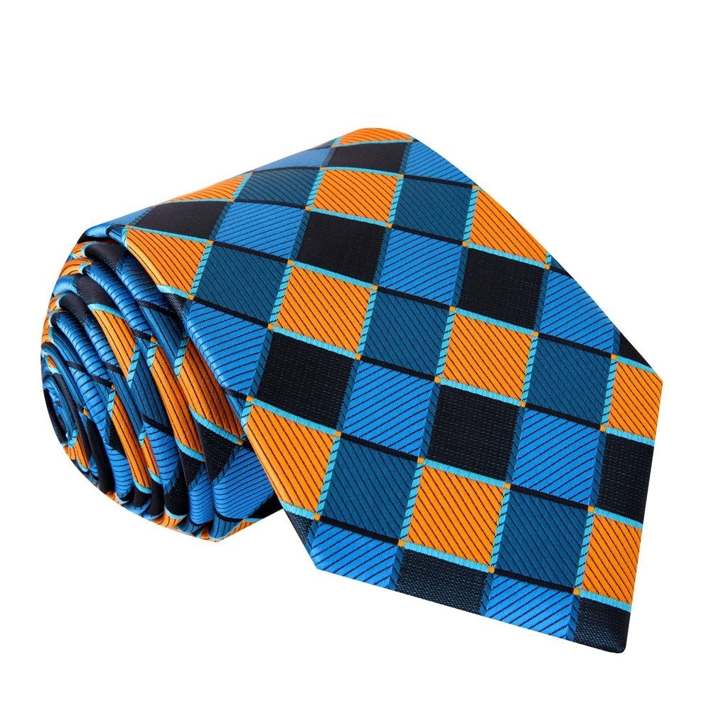 A Teal And Orange Geometric Check Pattern Necktie e