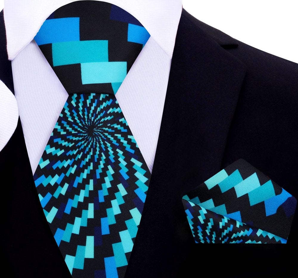 Light Blue, Black Abstract Swirl Tie and Pocket Square