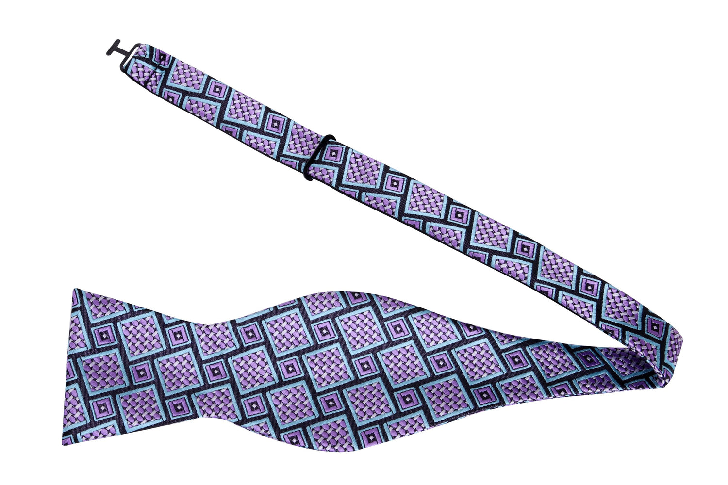 Untied View: A Grey, Teal, Purple Abstract Shapes Pattern Silk Self Tie Bow Tie 