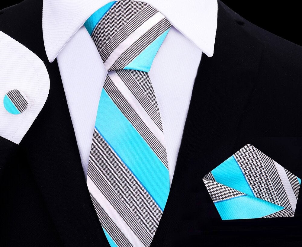 A Light Blue, Grey, White Color Stripe Pattern Silk Thin Tie, Pocket Square and Cuff-links.