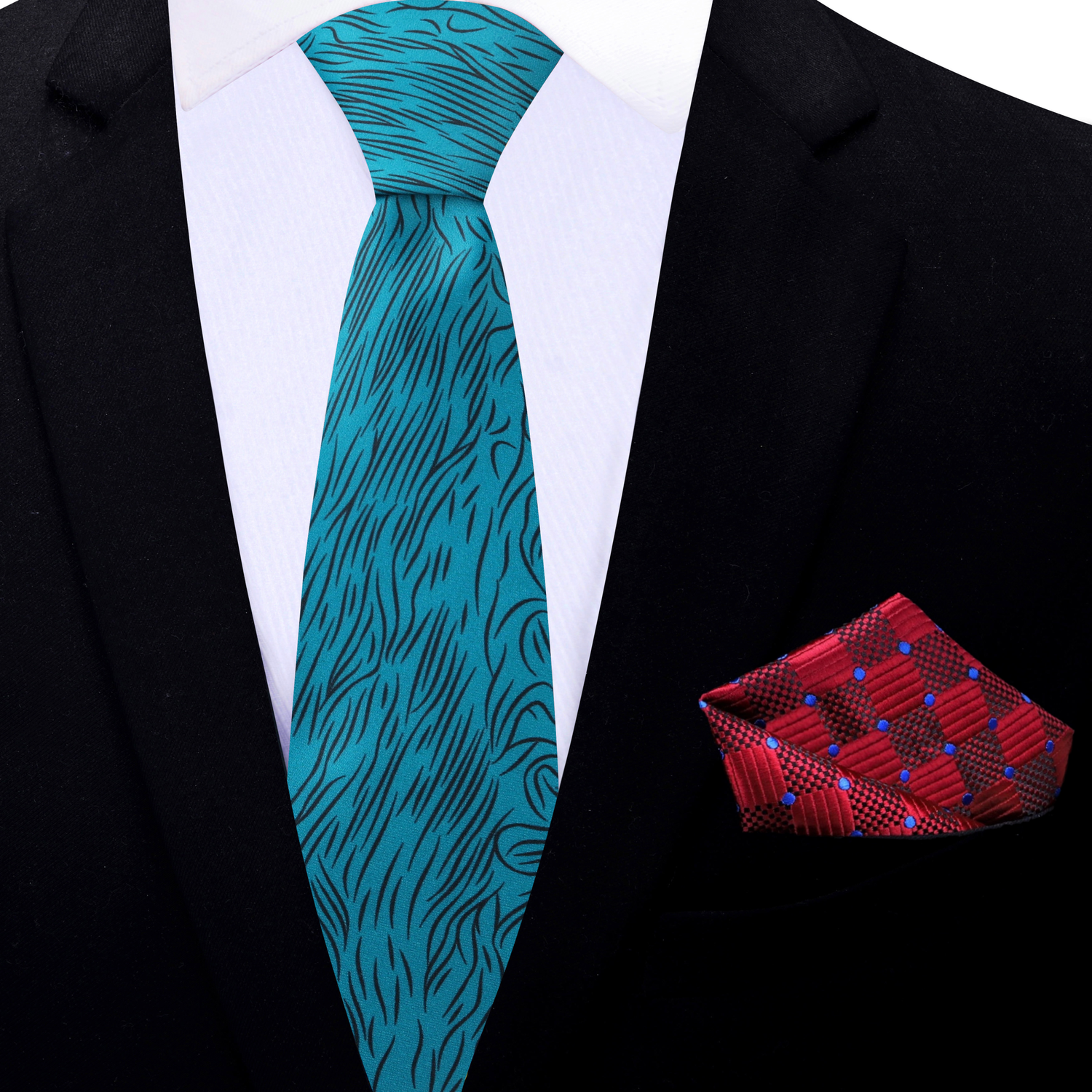 Thin Tie: Teal Blue, Black Abstract Lines with Accenting Burgundy Geometric Square