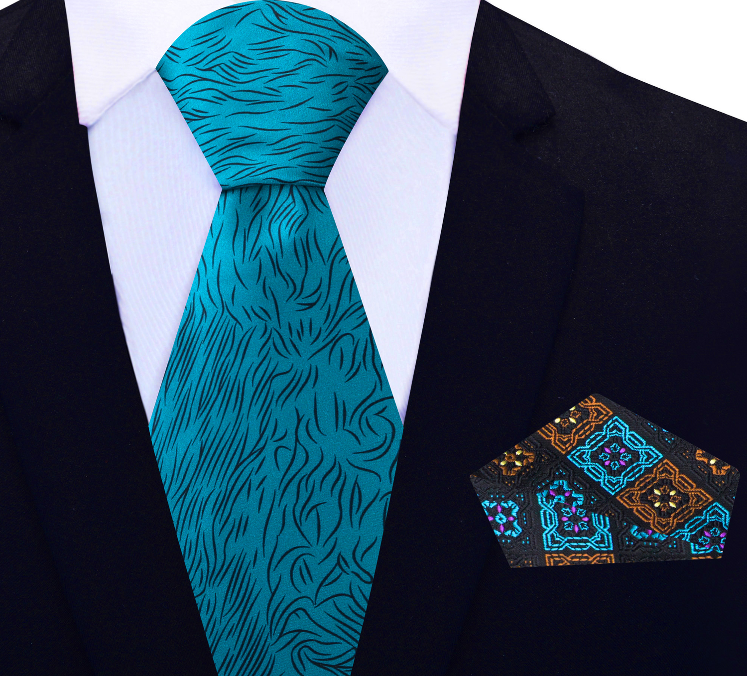 Teal Blue, Black Abstract Lines Tie with Accenting Black, Teal and Brown Geometric Square