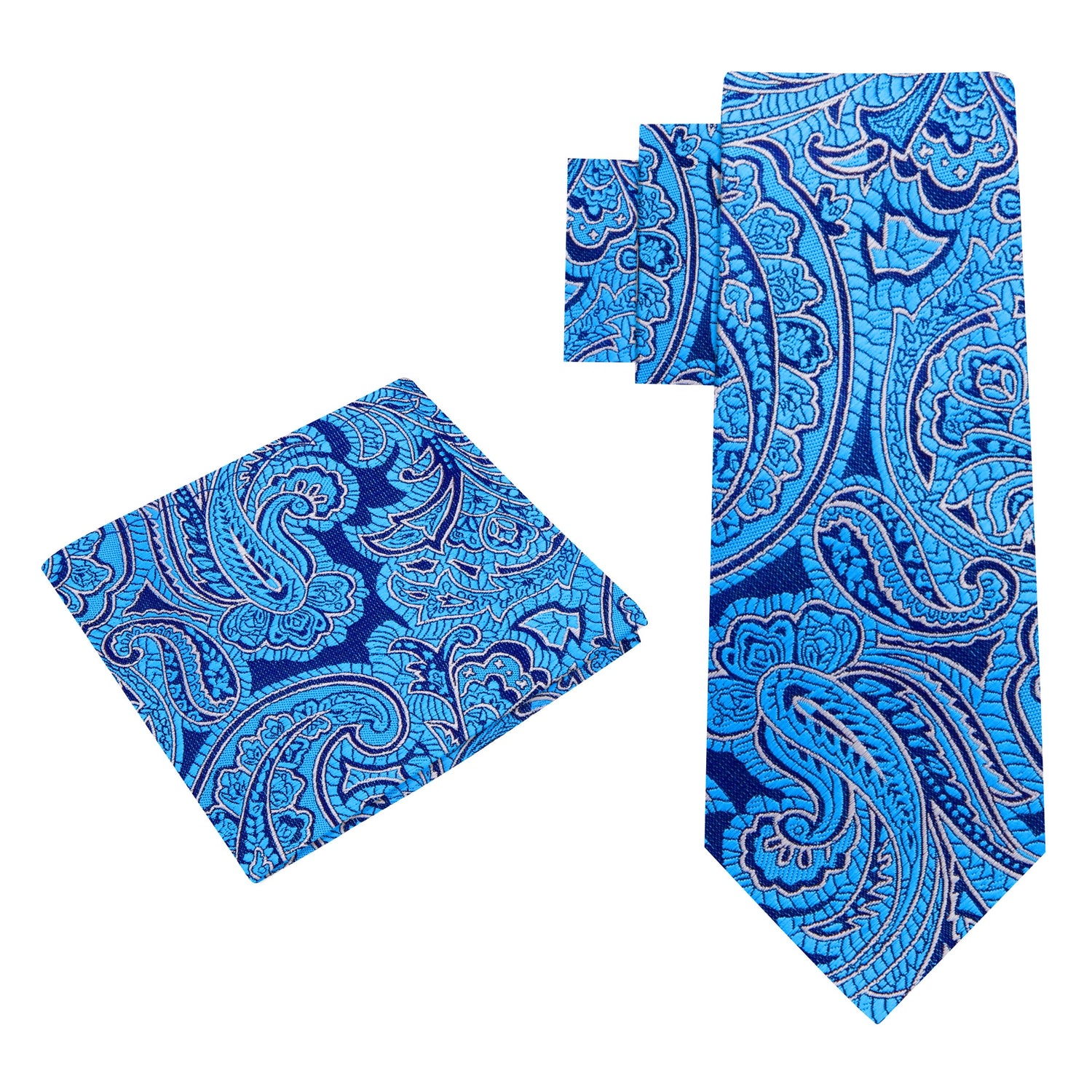 Alt View: A Teal, Dark Blue Paisley Pattern Silk Necktie, Matching Pocket Square