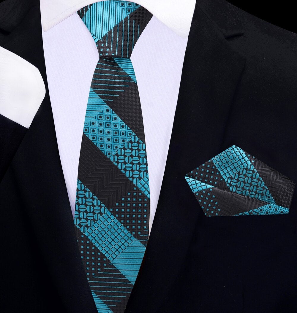 Thin Tie View of Graphite Teal Geometric Tie and Pocket Square