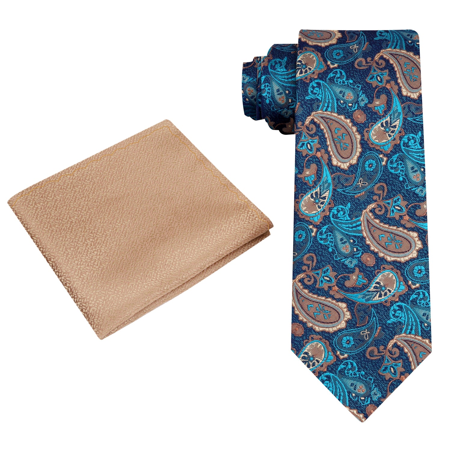 Alt View: A Rich Green, Brown, Tan Paisley Pattern Silk Necktie, Gold Pocket Square