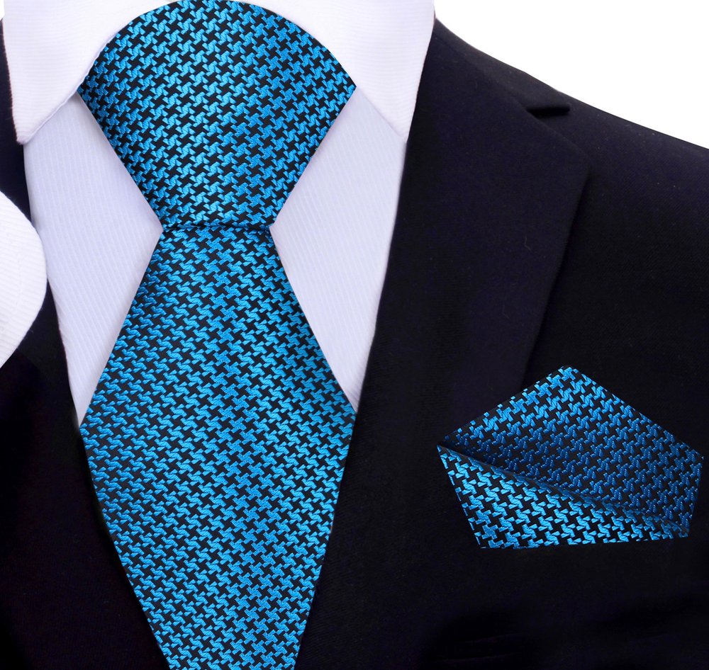 Teal, Black Hounds Tooth Tie and Square||Teal