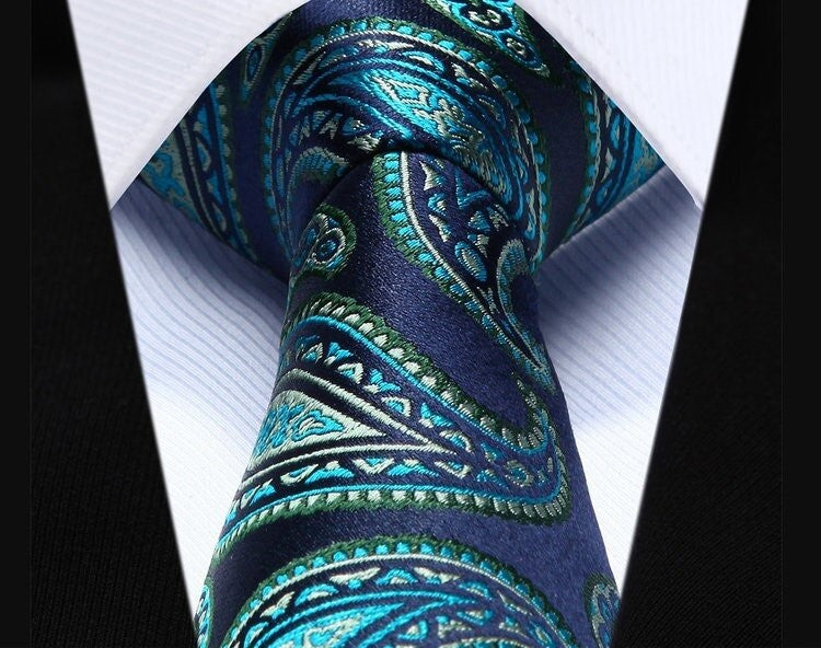 A Dark Blue, Green Paisley Pattern Silk Necktie 