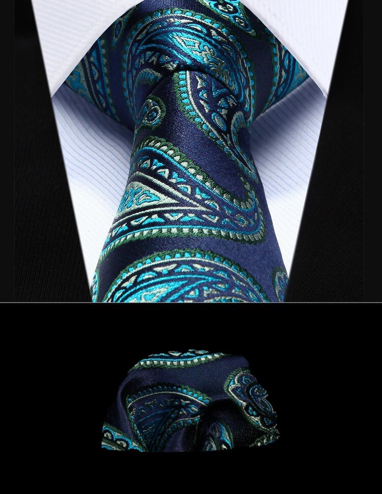 A Dark Blue, Green Paisley Pattern Silk Necktie, Matching Pocket Square||Green, Blue