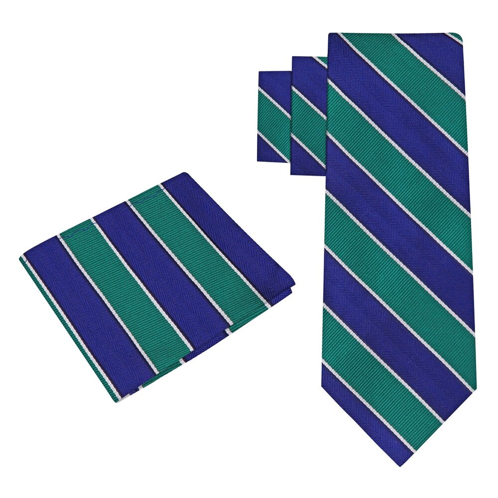 Teal, Blue Block Stripe Tie and Square||Green