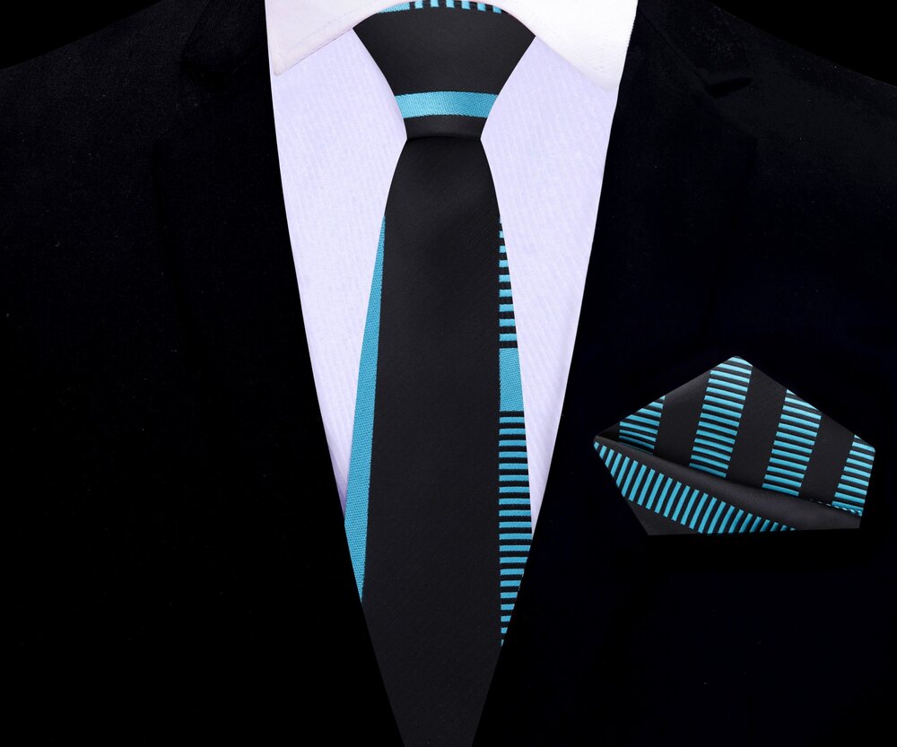 Black, Teal Lines Thin Tie and Pocket Square||Teal