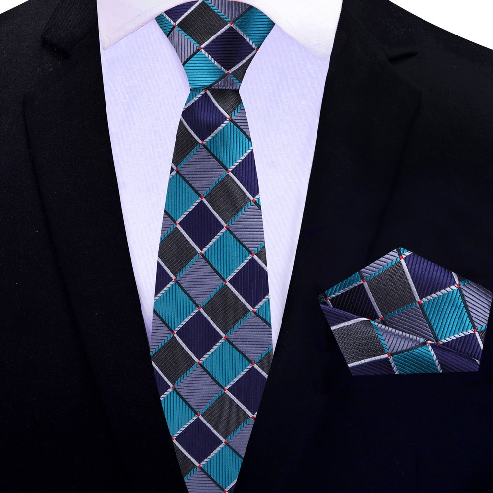 Thin Tie: Teal, Black, Grey Geometric Tie and Pocket Square