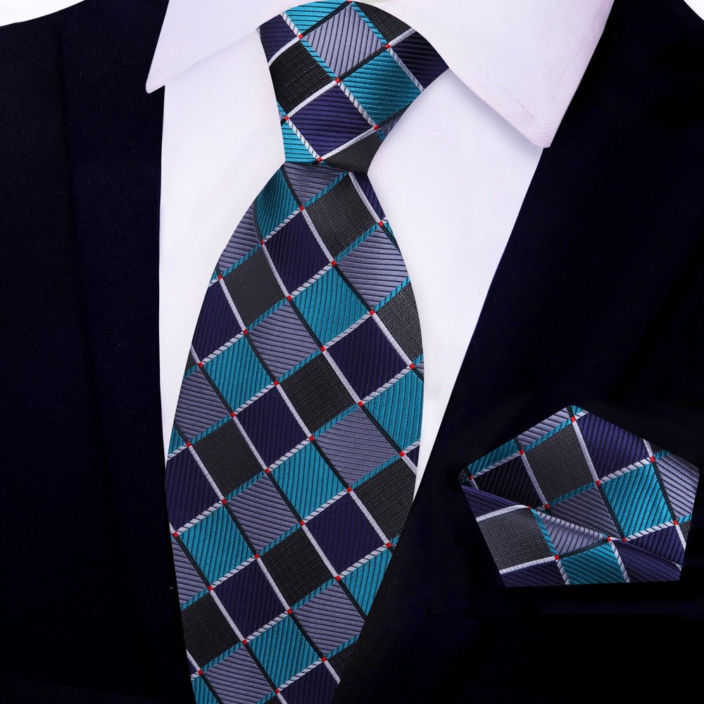 Teal, Black, Grey Geometric Tie and Pocket Square