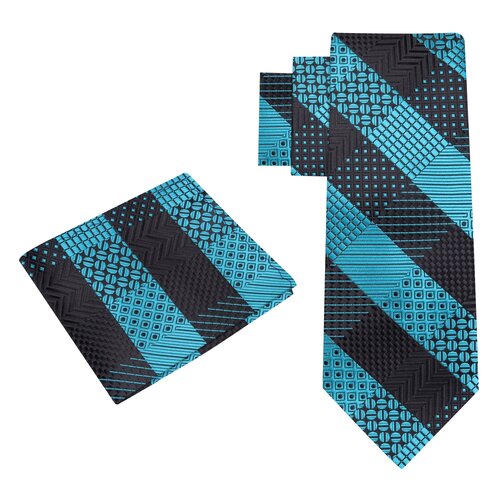 Alt View: Regular Width View of Graphite Teal Geometric Tie and Pocket Square