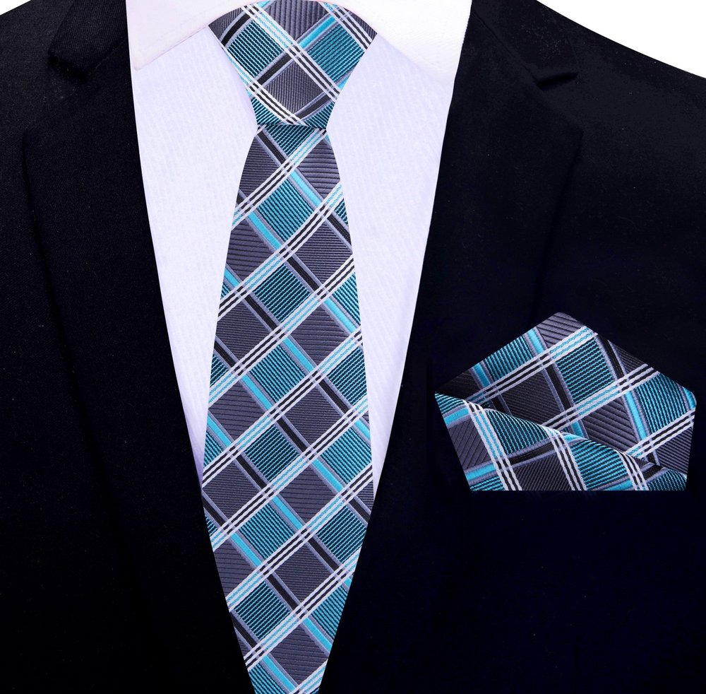 Thin Tie: Grey and Teal Check Tie and Pocket Square
