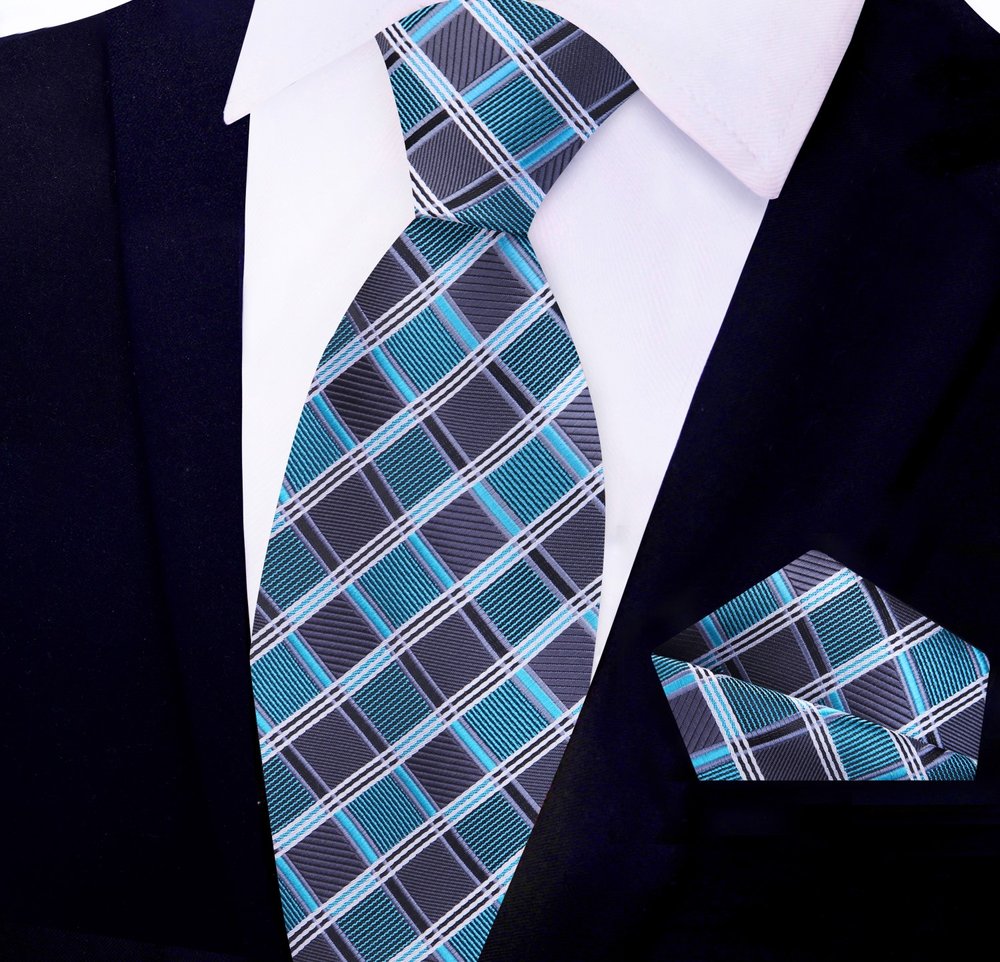 Grey and Teal Check Tie and Pocket Square