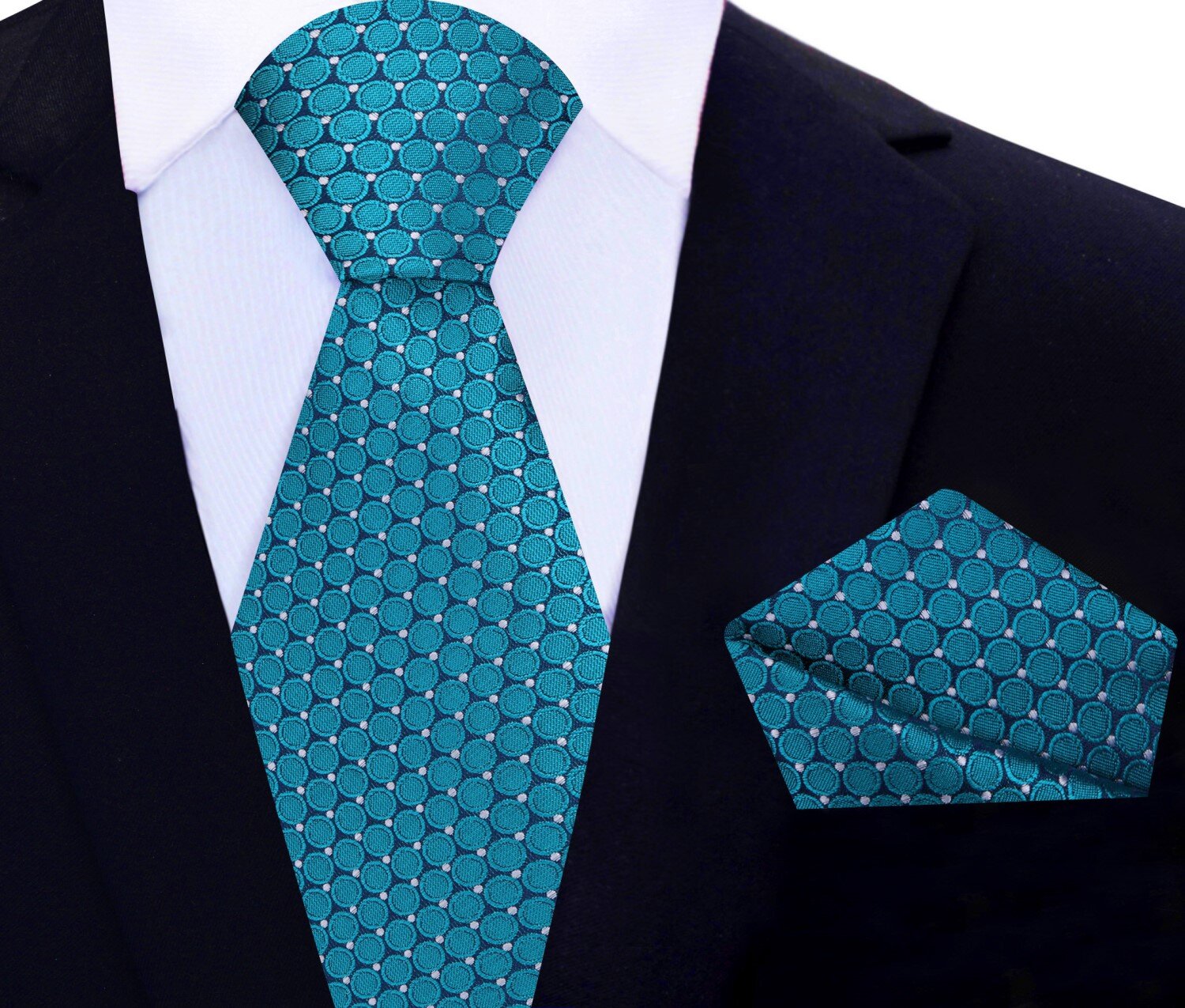Main: Teal, Blue Circles Tie and Square