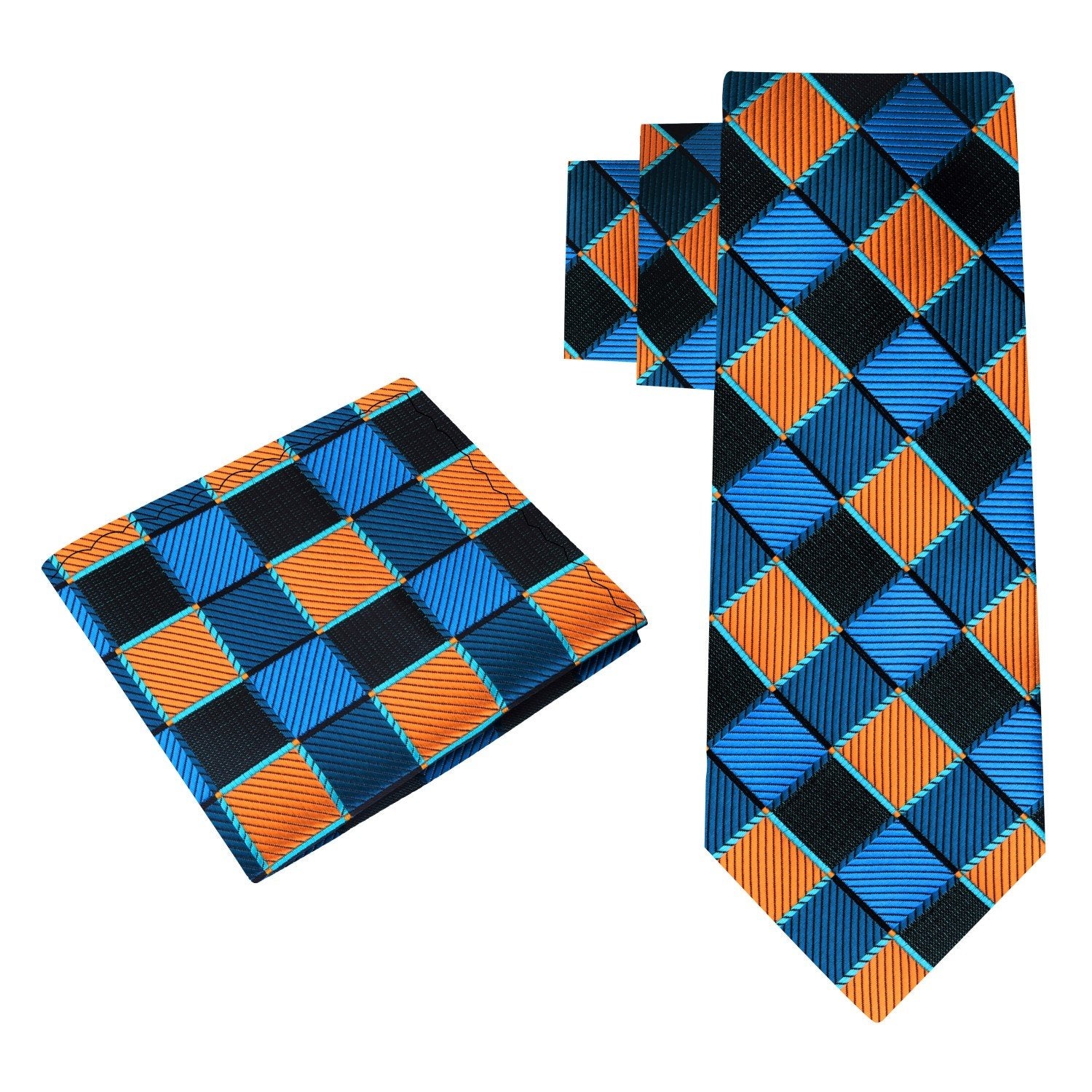 Alt View: A Teal And Orange Geometric Check Pattern Necktie With Matching Pocket Square