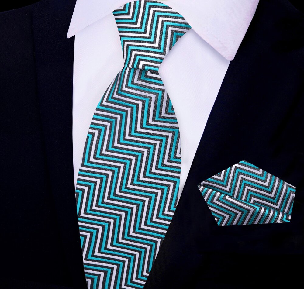 Teal, Black, Light Silver Geometric Tie and Pocket Square