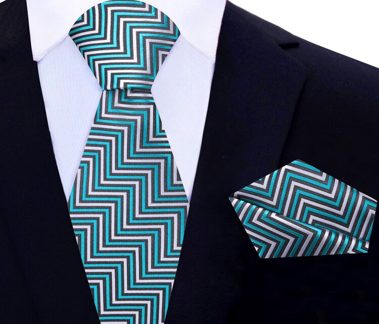 Main View: Teal, Grey Abstract Jagged Lines Tie and Pocket Square