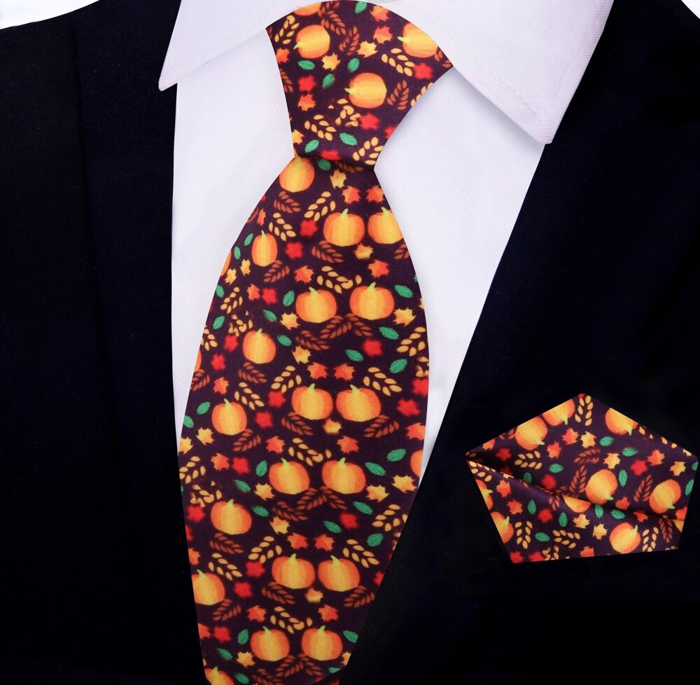 Orange, Brown, Green, Red Fall Leaves And Pumpkins Tie And Pocket Square