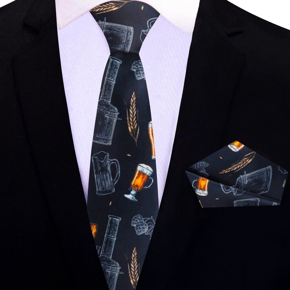 Black, Grey, Amber Brewer Thin Tie and Pocket Square