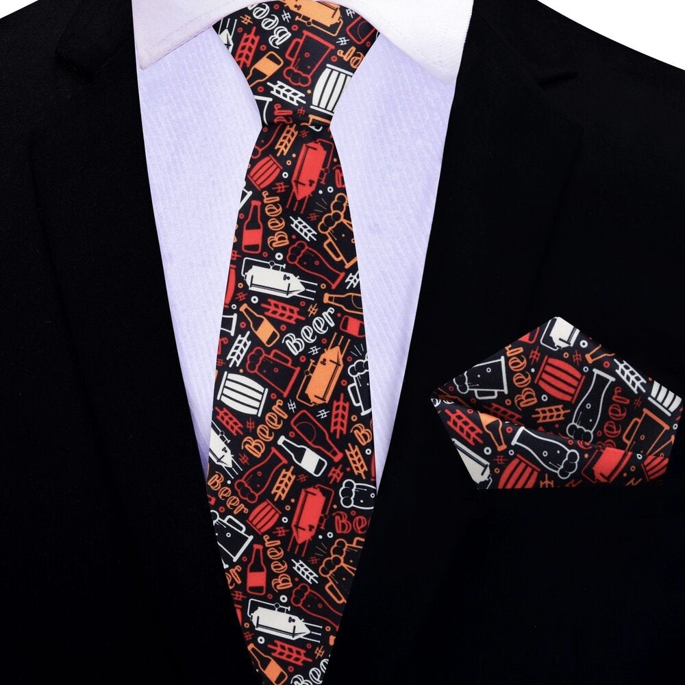 Thin Tie: Black, Red, Orange, White Beer Themed Tie and Pocket Square