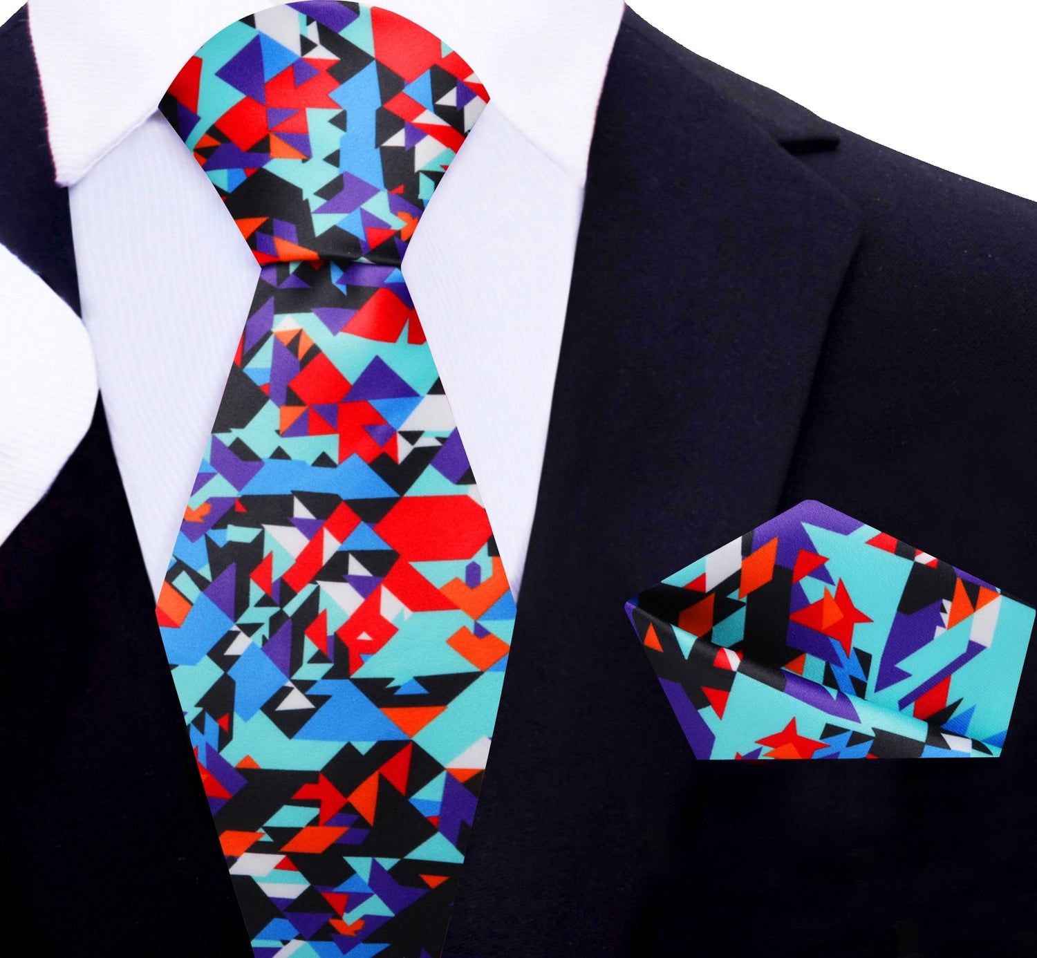 Main View: Multi Color Abstract Shapes Tie and Pocket Square
