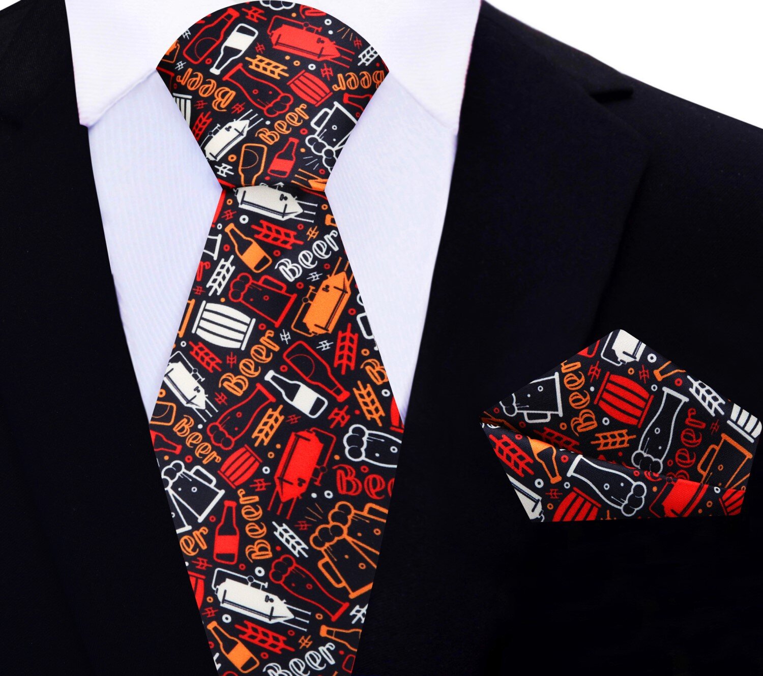 Main View: Black, Red, Orange, White Beer Themed Tie and Pocket Square